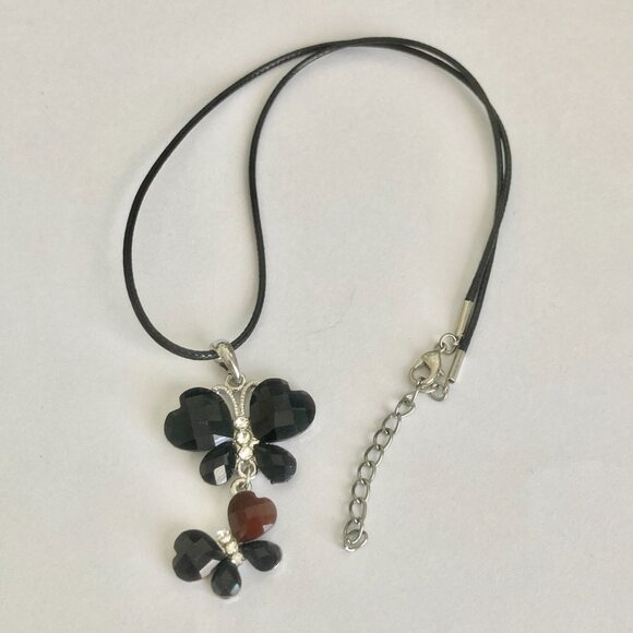 Vintage Black Acrylic Butterfly Necklace Pendant Silver Plated Jeweled Cut 18" - Picture 4 of 8
